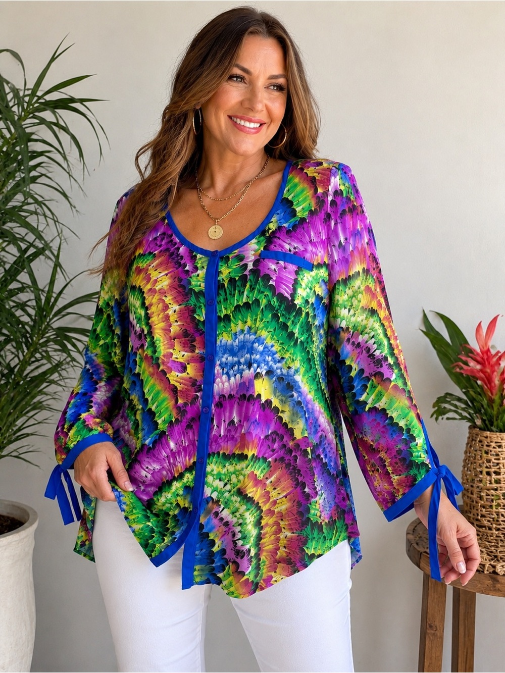 Antilia Femme XL Feather Print Tie Sleeve Blouse Colorful Boho Top